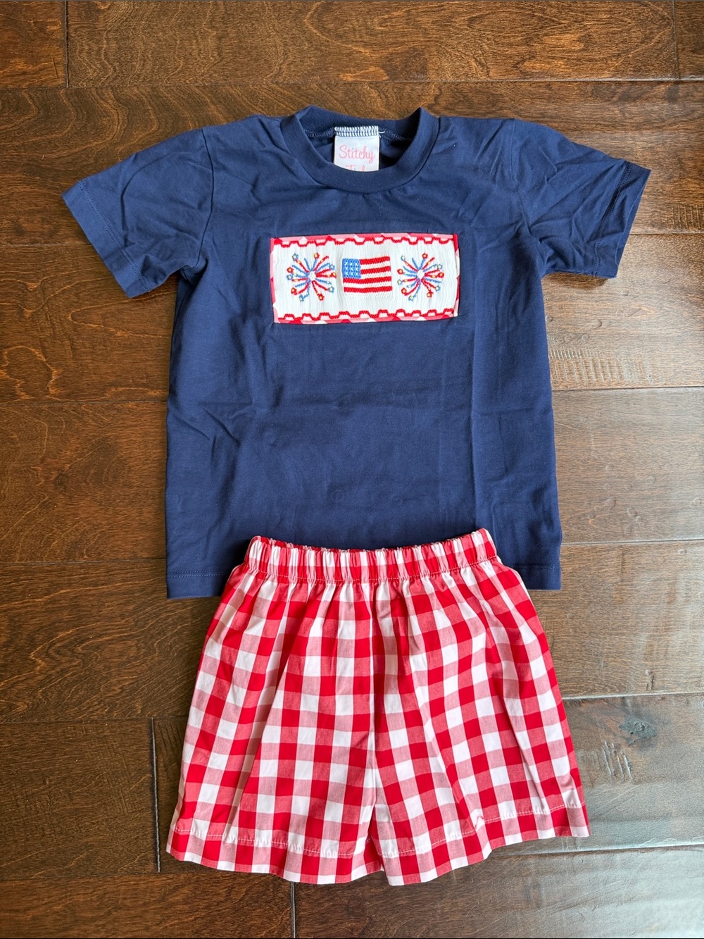 3T Boys Patriotic Navy & Red Flag Smocked Shirt and Short Set